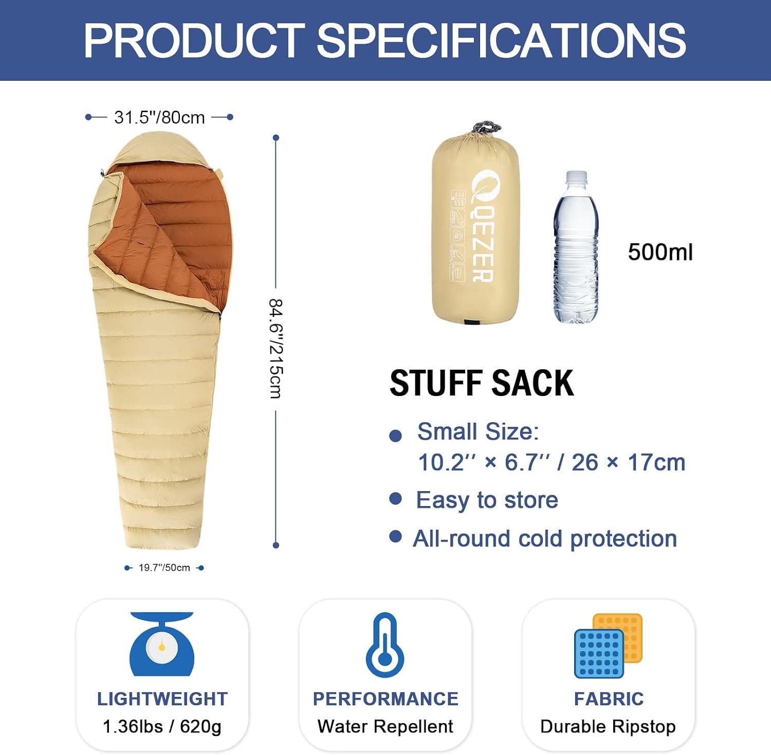 Ultralight Down Sleeping Bag for Adults, 600 Fill Power Backpacking image 2