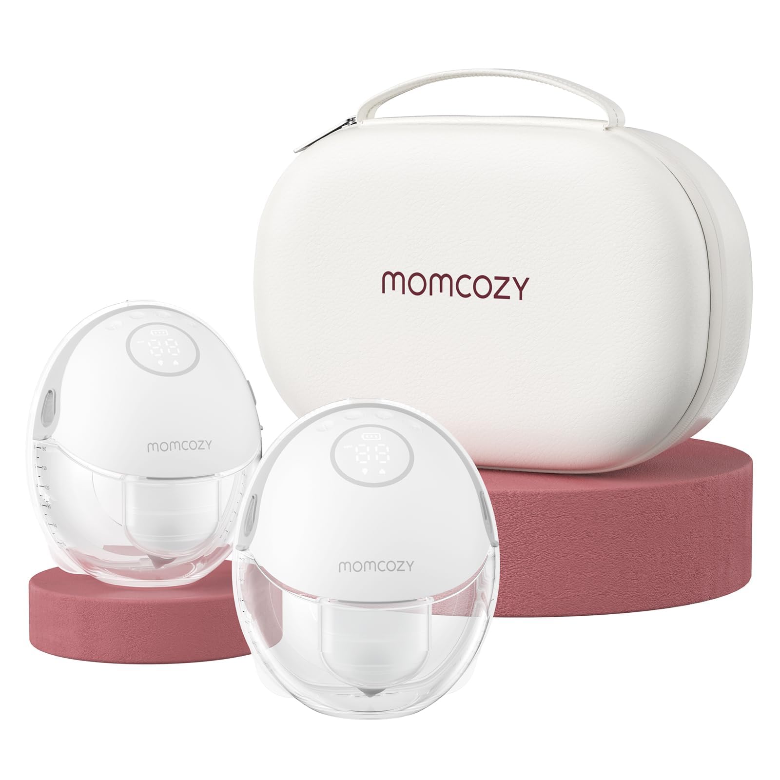 Momcozy M6 Tiralatte Elettrico Indossabile Mani Libere 24mm, 2 Pezzi,Grigio | 3 Modalità e 9 Livelli a -295 mmHg, Flangia DoubleFit in Silicone, Base Coppa Autoportante, Rosso