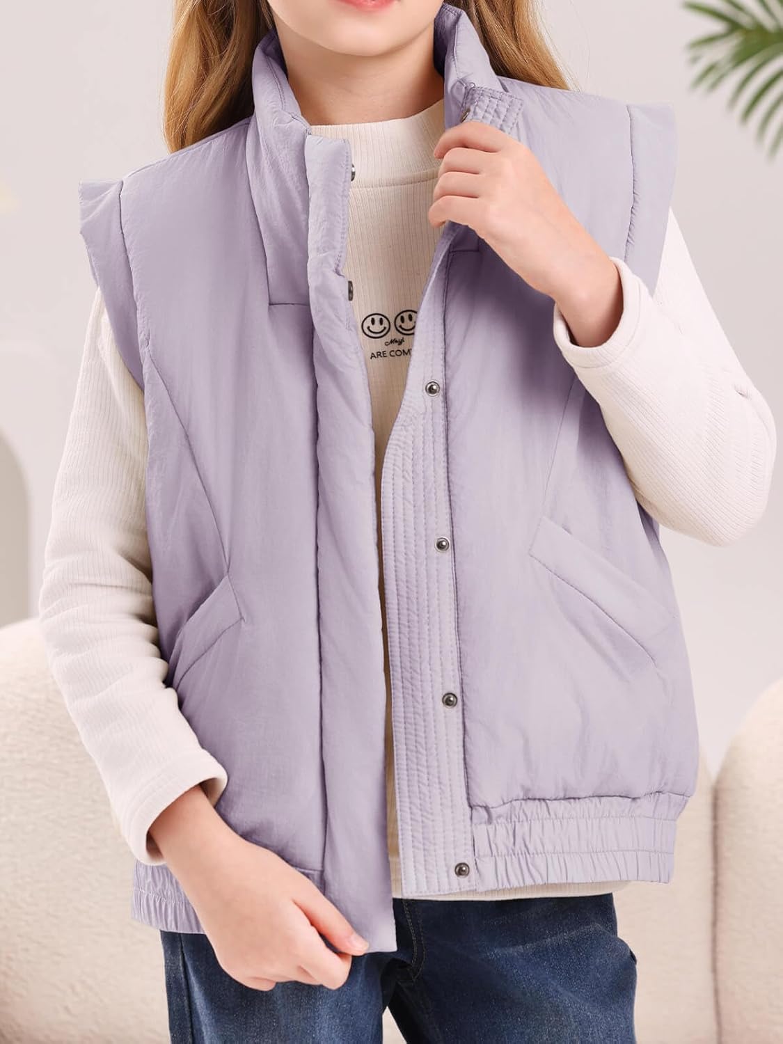 Girls' Winter Puffer Vest Cute Sleeveless Button Outerwear Coats Water Resistant Warm Quilted Jacket 5-14Y - Image 3