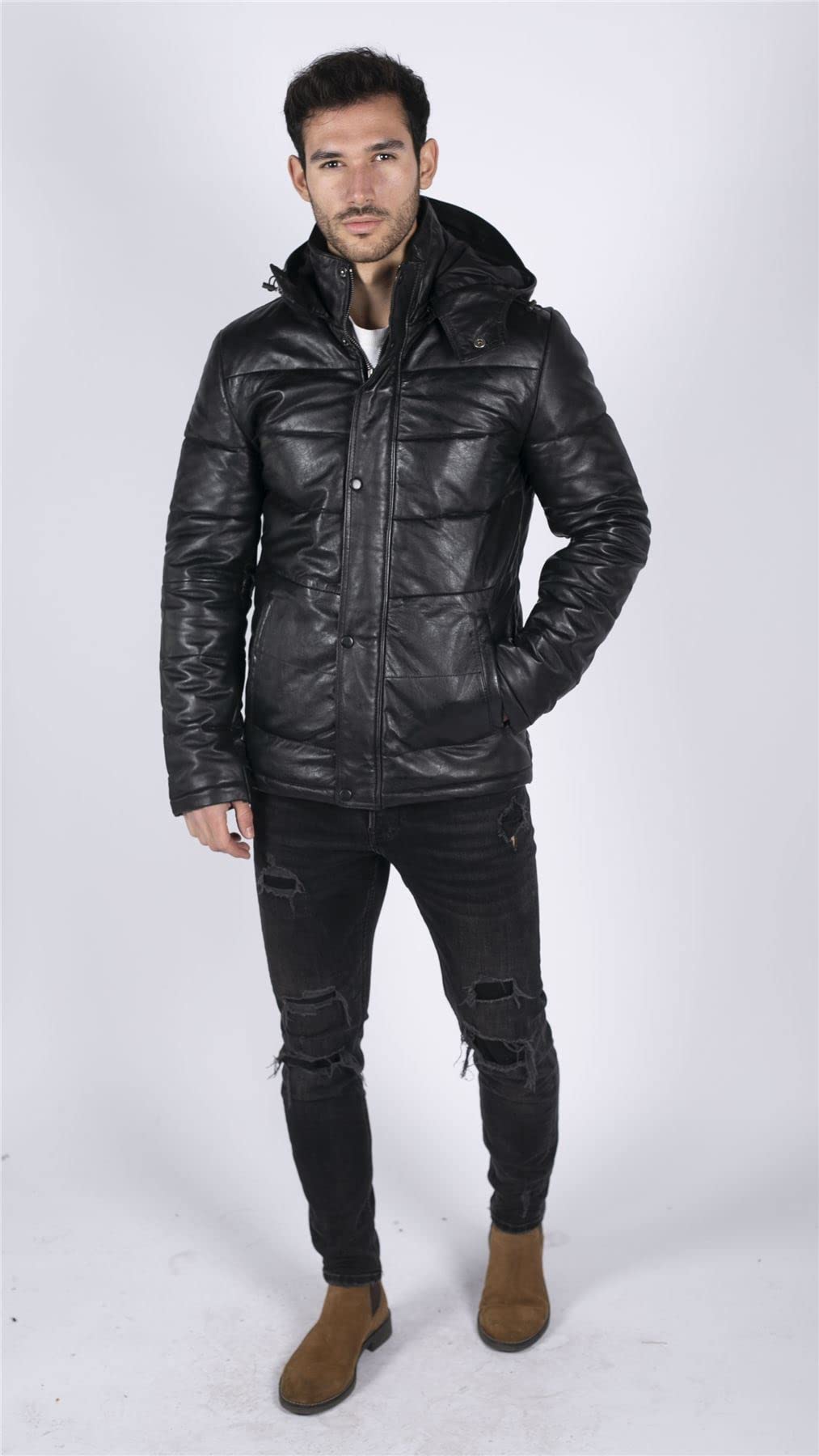 TruClothing.com Herren Puffer Steppjacke Echtleder Schwarz Casual Retro 80er Classic