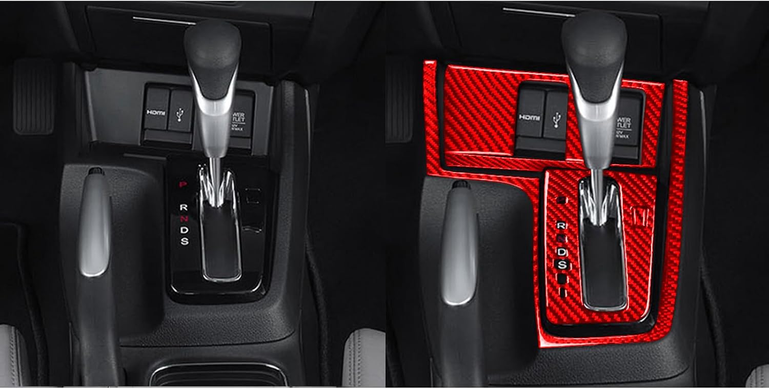 Real Premium 3K Carbon Fiber Decals Center armrest Gear Shift AUX USB Interface KIT Sticker Trim Decoration Cover Compatible with Honda Civic 9 Coupe Sedan 2013 2014 2015 Interior Accessories -A Red