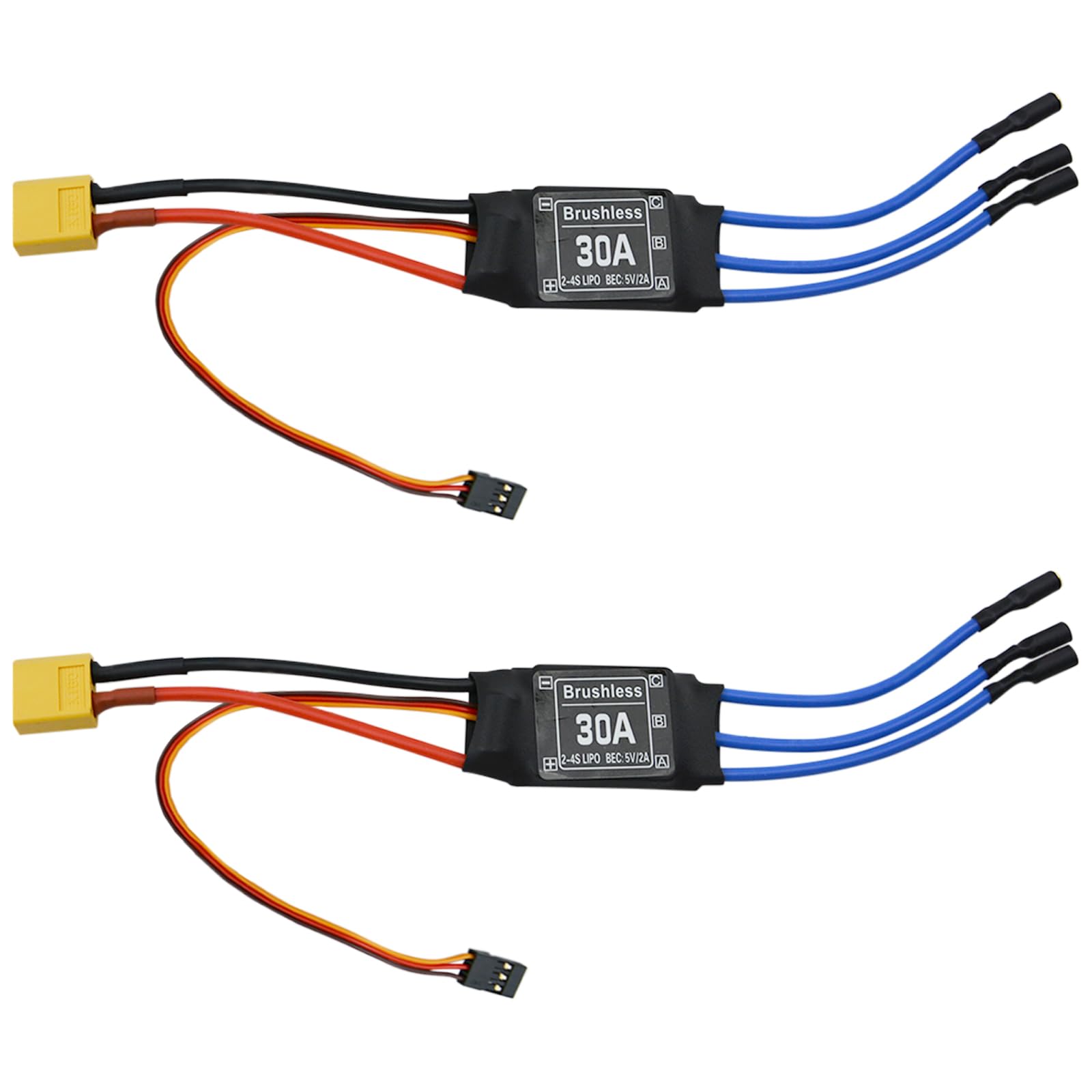30A Electric Brushless Motor Controller, 2 Pcs ESC Speed Controller with XT60 and 3.5mm Bullet Plugs for RC Drone RC Airplane Helicopter