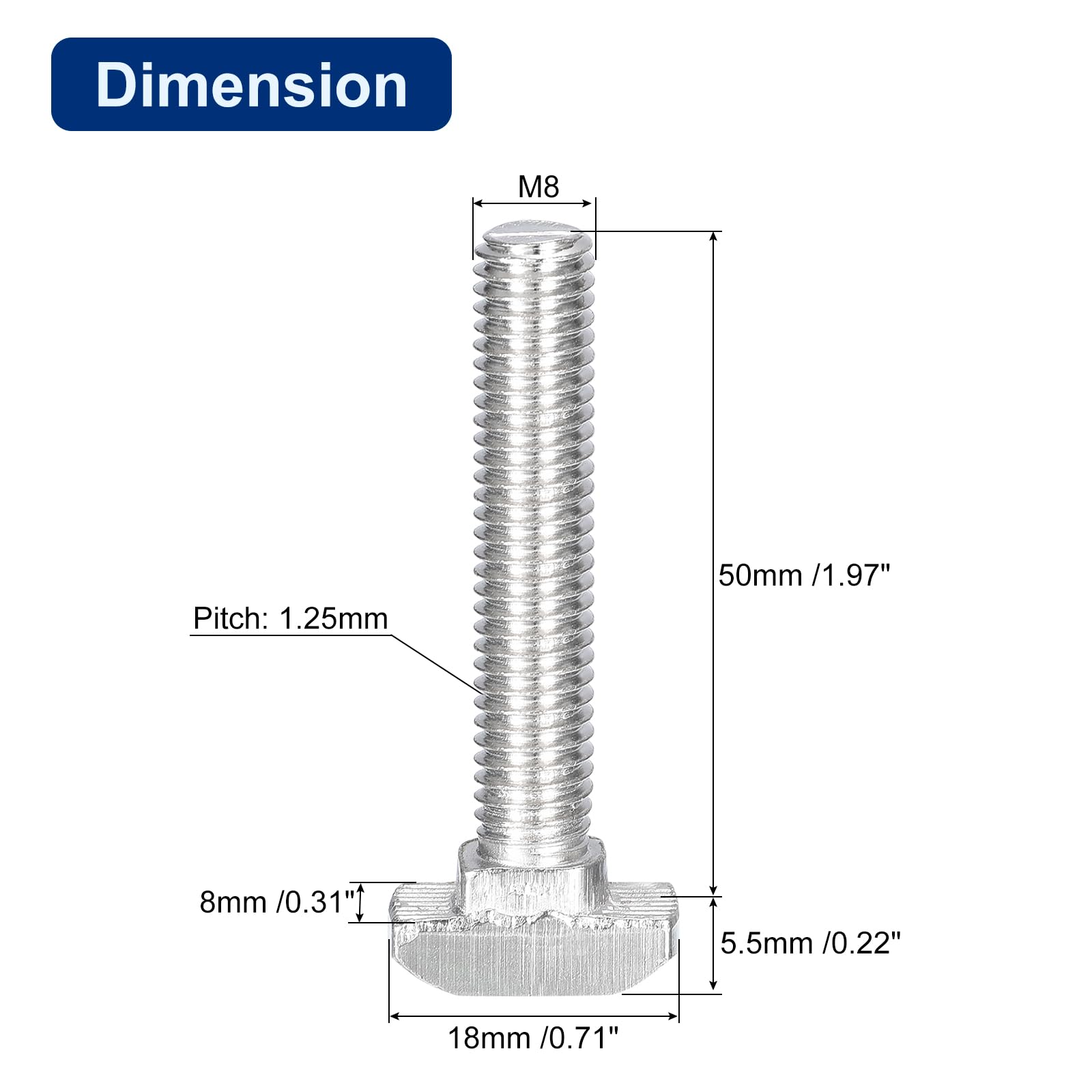 QUARKZMAN 30Pcs Pernos Ranura En T, M8 x 50mm Perno Cabeza Martillo Tornillo En T Espárrago Inserción Para Perfil Extrusión Aluminio Ranura En T Serie 4040, Acero Inoxidable 304, Plateado