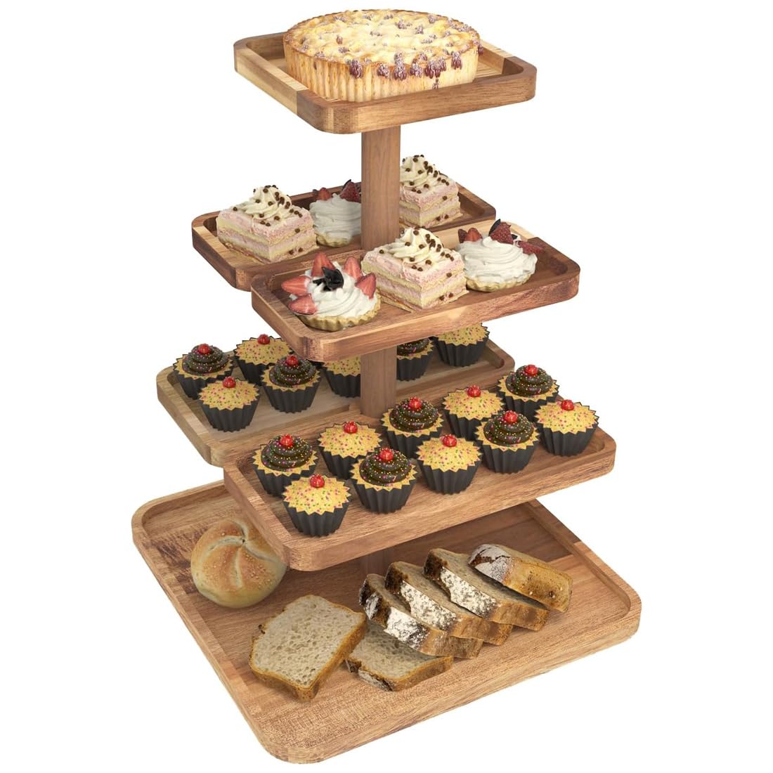 DaiNNCN Cupcake Stand for 50 Cupcakes,Can Be Divided Into 5 Snack Tray,4-Tier Acacia Wood Display Rack for Serving Party Dessert Decor Food Holder Wedding Baby Shower Tea Party