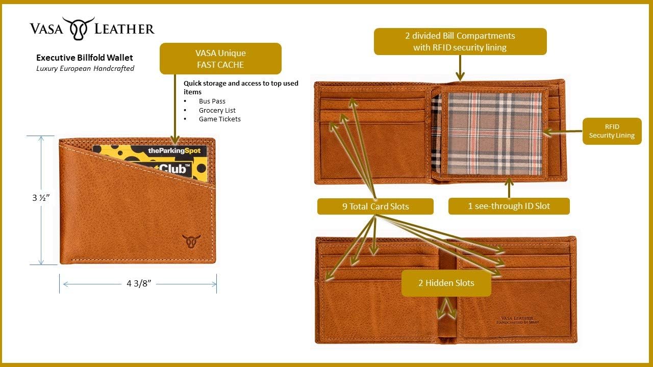 Vasa Cognac Horizontal Top Grain Leather Wallets For Men - European Luxury Minimalist Bifold Wallet with RFID and NFC Blocking Credit Card Holder - Premium Mens Slim Bi Fold Pocket Wallet