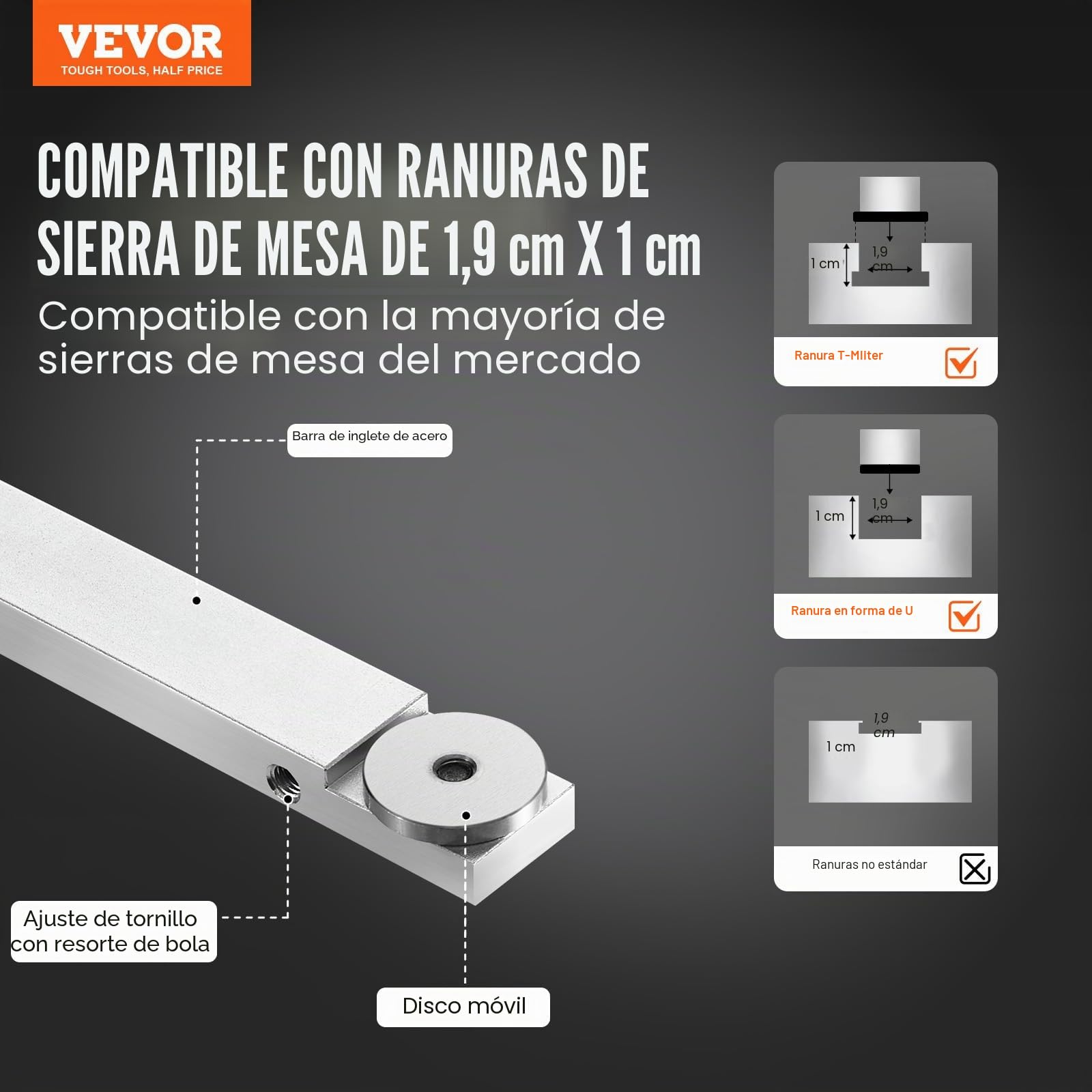 VEVOR Calibre de Inglete de Precisión, Ranura Estándar 19 x 10 mm, Calibre de Inglete para Sierra de Mesa de Aleación de Aluminio con Rejilla, 15 Topes de Ángulo, Émbolo con Resorte 450 x 650 x 120 mm