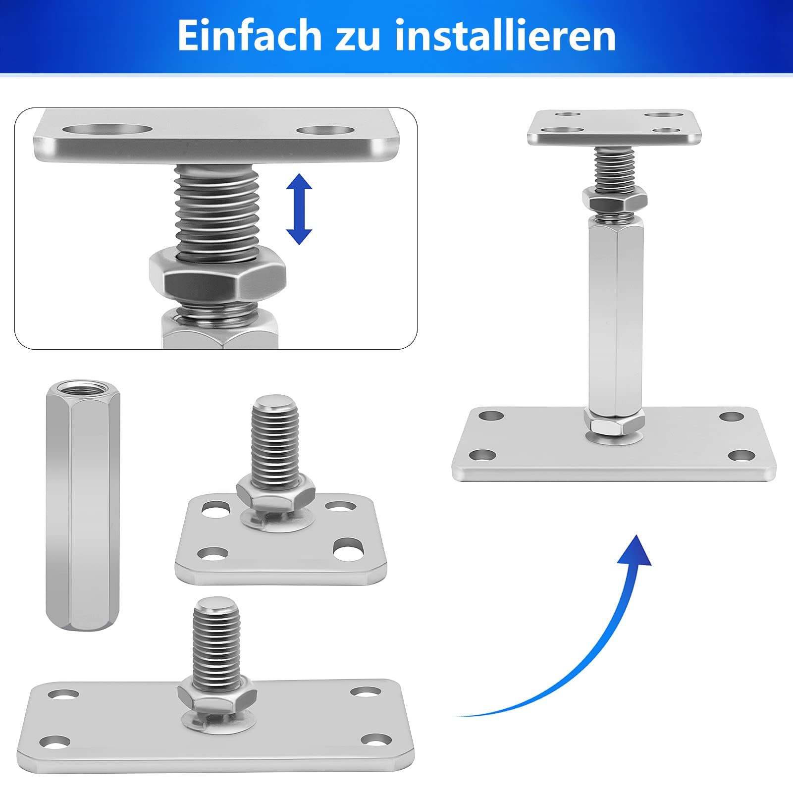 Pfostenträger, 10 Stück Pfostenträger Höhenverstellbar, Pfostenschuh Stützenfuss Verstellbar Höhe 140-200 mm Verzinkt Bodenfuß Stützfuß Pfosten Füße Bodenplatte 160X80 mm Trägerplatte 80X80 mm
