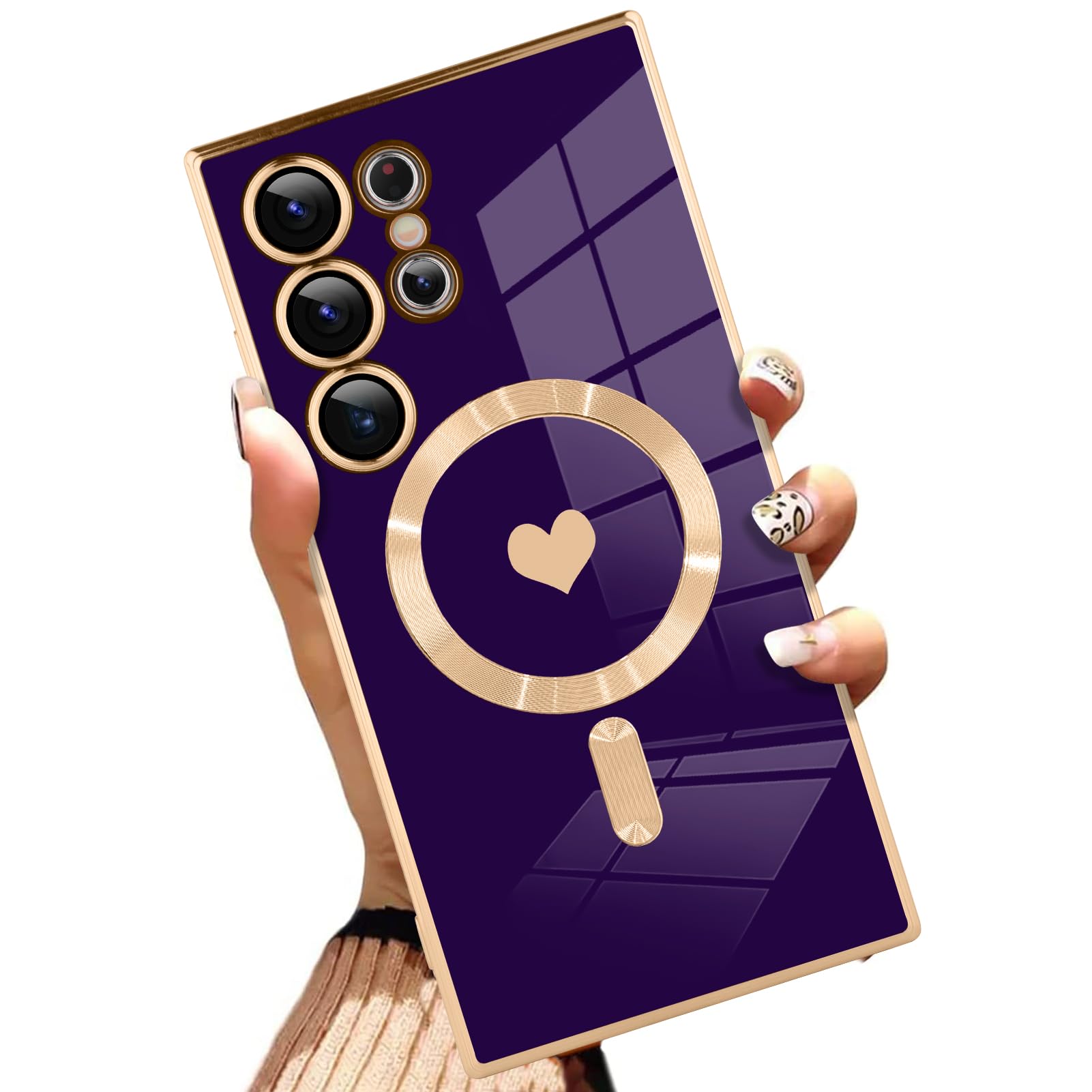 AIGOMARA Magnetic Case for Samsung Galaxy S24 Ultra [Wireless Charging Compatible] Heart Design Soft TPU Electroplated Phone Cover Anti-Scratch