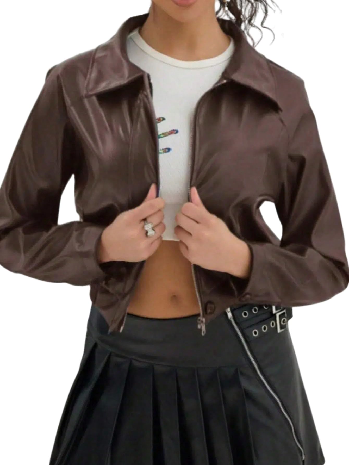 GORGLITTER Lederjacke Damen PU Leder Jacke Hemdkragen Bikerjacke Motorradjacke Herbstjakce Freizeitjacke Kurze Übergangsjacke Herbst Outfits