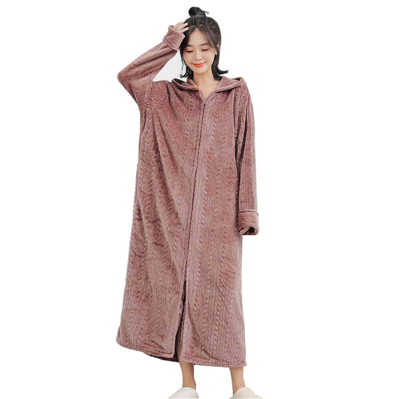 Couple Winter Robe Plus Size Warm Thicken Coral-Fleece Zipper Dressing Gown with Pockets Women Men Hooded Bathrobe Women