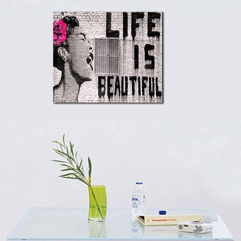 Wieco Art Abstract Giclee Canvas Prints Wall Art Ready to Hang for Kitchen Home Office Decor Banksy Life is Beautiful Large Modern Stretched and Framed Grey Impressionist Pictures Paintings Artwork