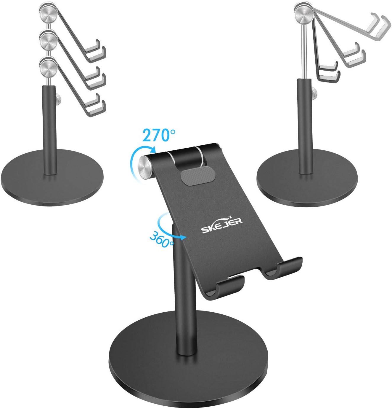 SKEJER Cell Phone Stand for Desk Adjustable Height Tablet iPhone Holder, Telescopic iPad Stand, Aluminum Alloy, Compatible with 4"-13" Smartphone Kindle Tablet Pad Phone- Black