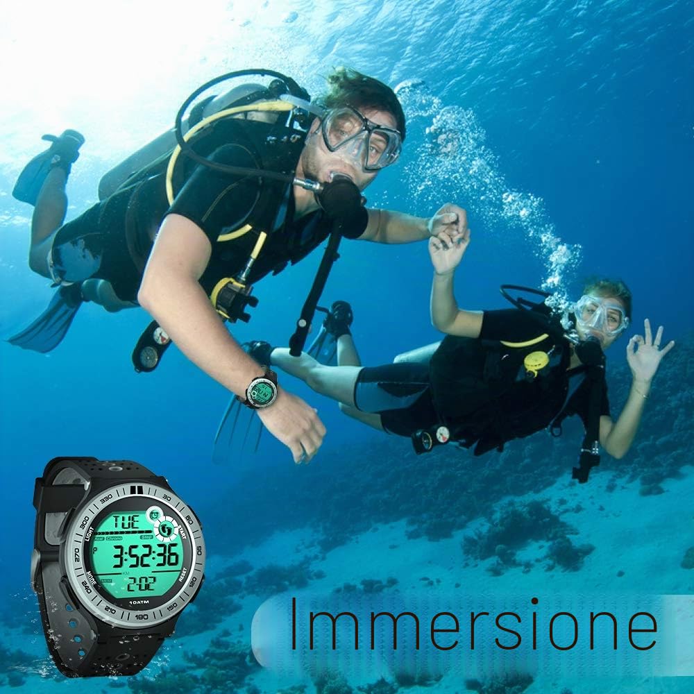 10 ATM Impermeabile Orologio da polso Sportivo Pedometro per Uomini Ragazzi Orologio per Immersioni Subacquee con Funzione Lap Cronometro e Sveglia, Formato 12/24 Ore Selezionabile