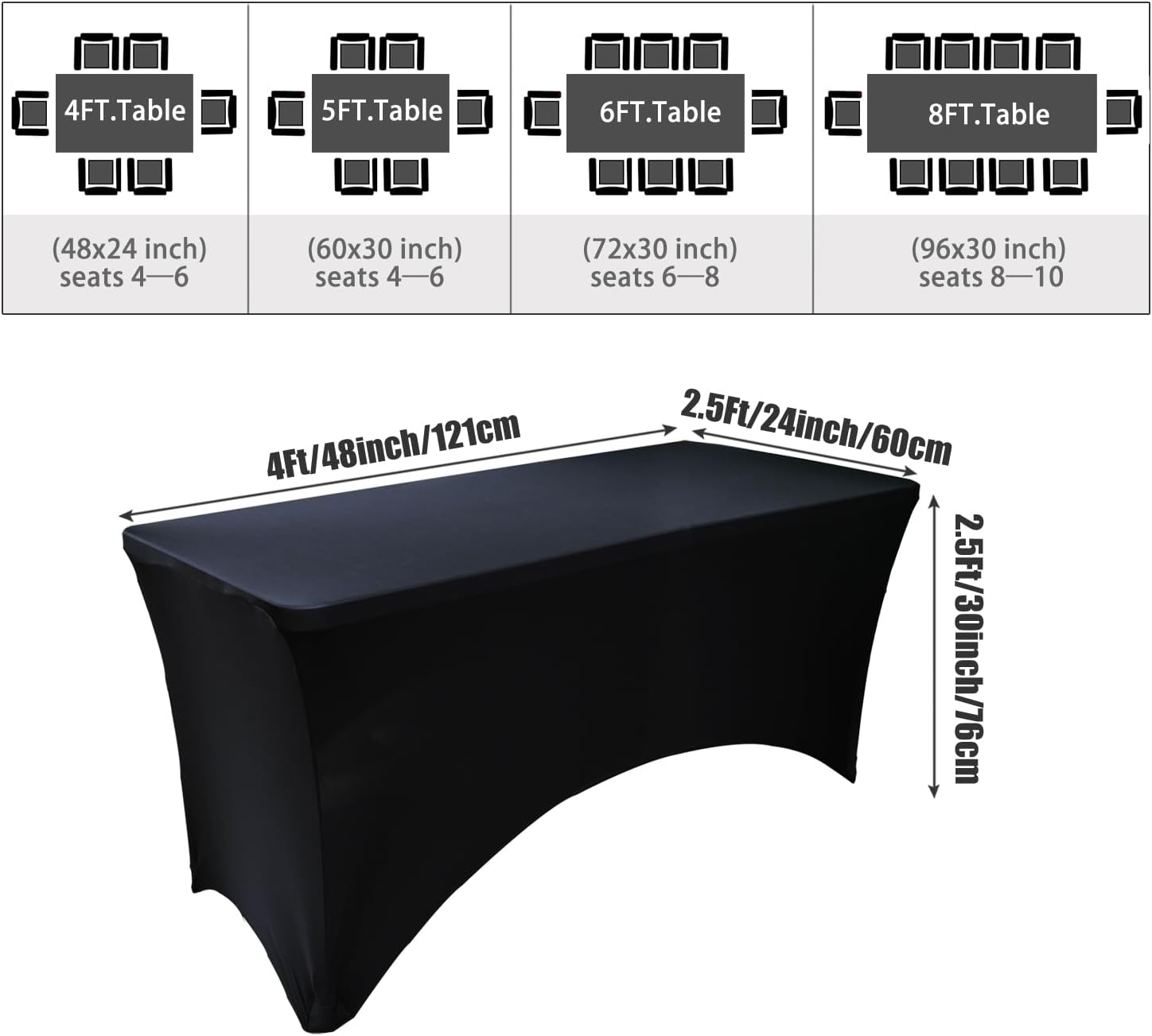 4 Pack - Elegant Black Stretch Spandex Table Cover (48Lx24Wx30H Inches), Non-Iron Fitted Tablecloth for 4-Foot Rectangular Folding Tables -Ideal for Banquets, Weddings & Festivals