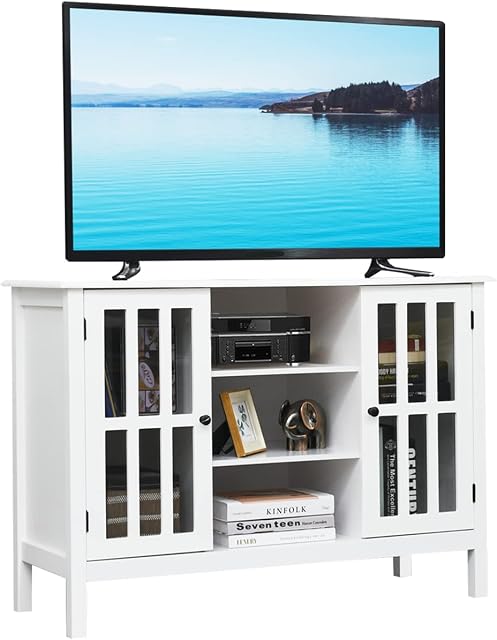 COSTWAY TV Stand for TVs up to 50 Inches, Wooden TV Cabinet Media Entertainment Center with 2 Tempered Glass Doors and 3 Storage Shelves, Home Living Room Bedroom Television Console Table (White)