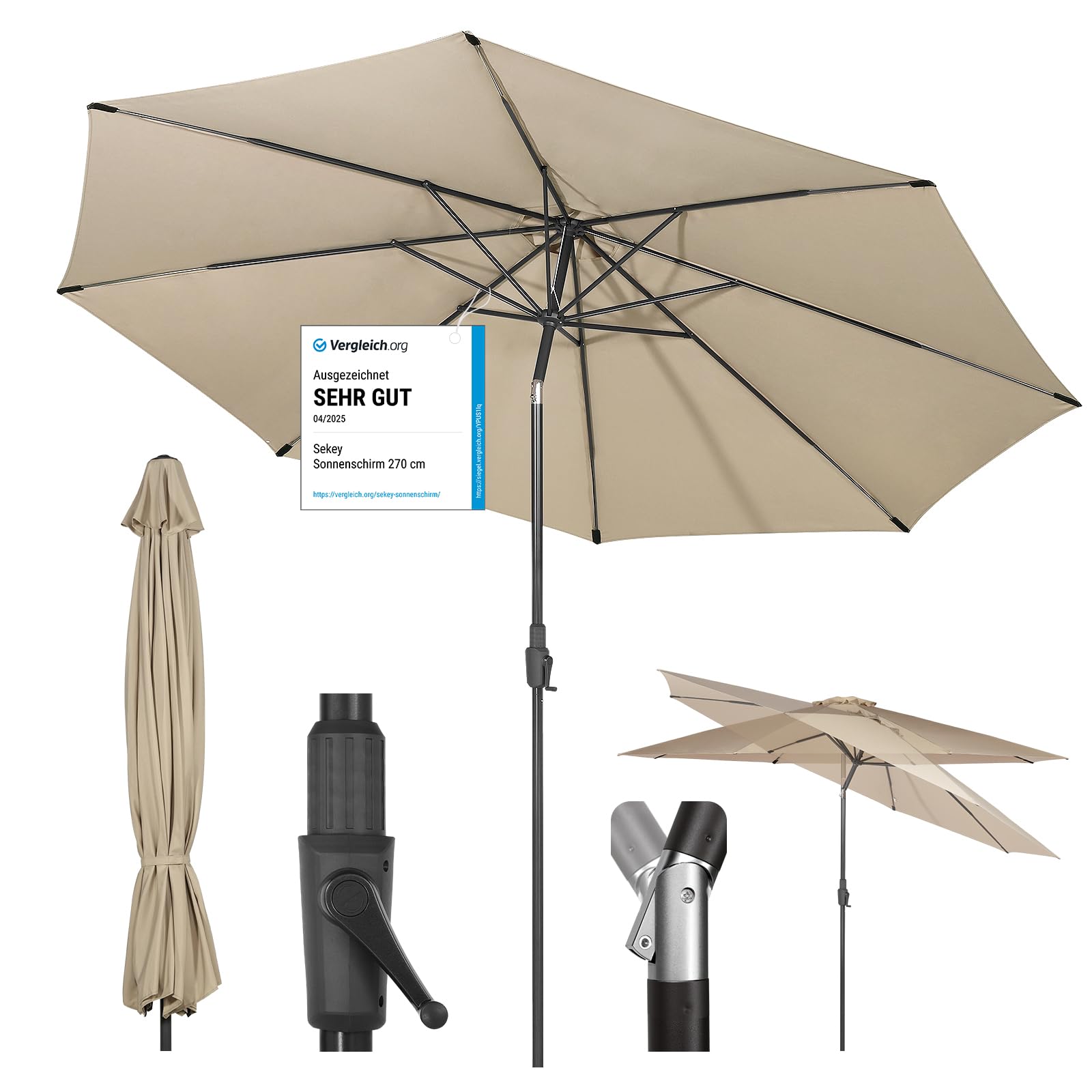Grand parasol Sekey 350 cm en tissu recyclable certifié GRS de haute充质 pour extérieur durable
