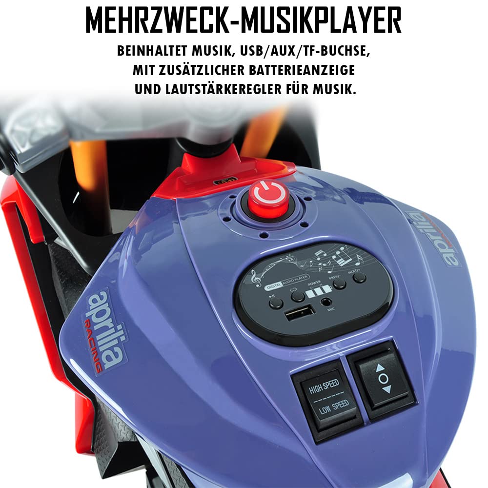 Kinder Elektro-Motorrad Aprilia RS660 12V Batterie MP3 Realistischer Sound und Lichter mit Stützräder 3-8 Jahre (Schwarz)