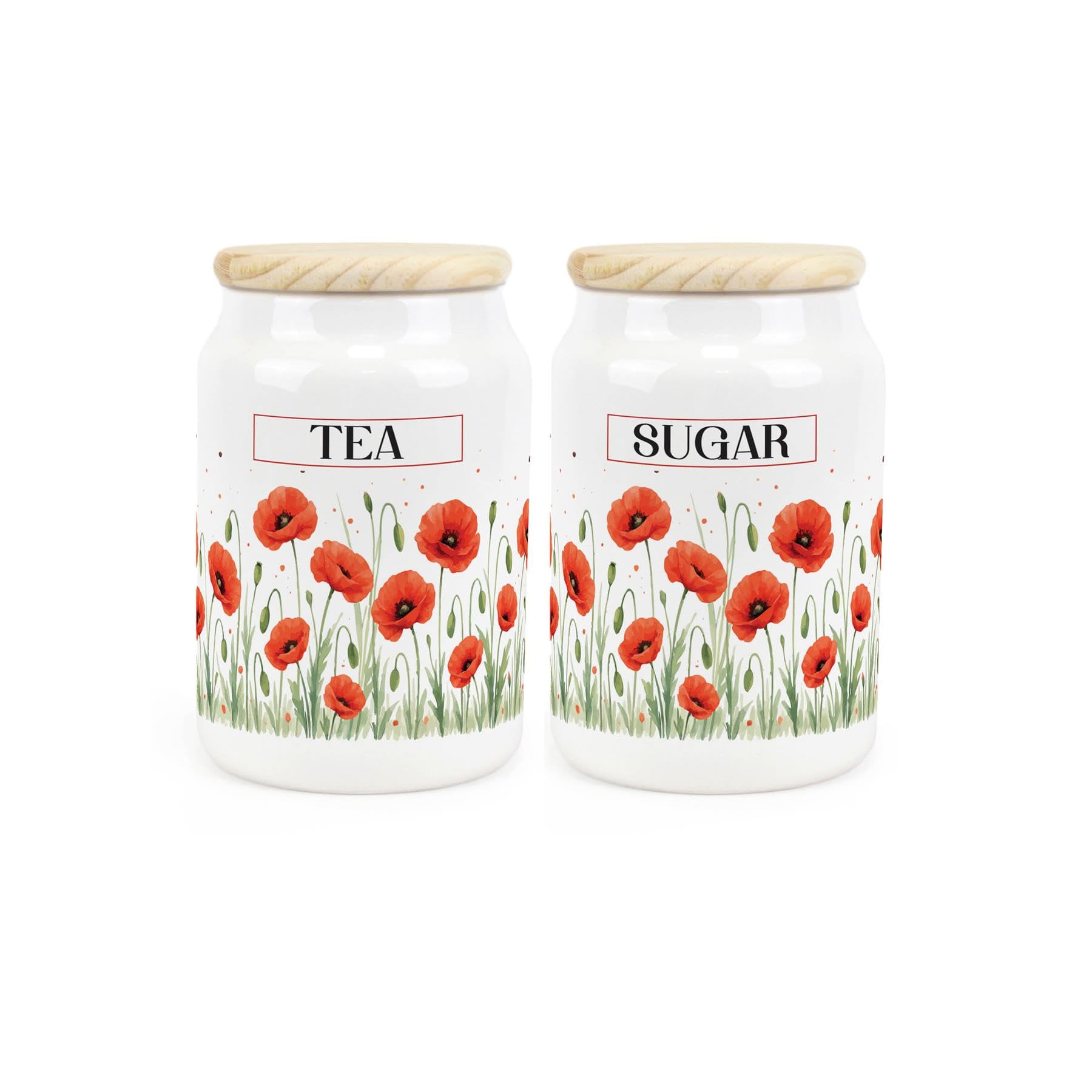 Purely Home Red/Green Summer Poppies Tea & Sugar Storage Canisters - & Floral Homeware Gifts - Refillable Ceramic Storage Containers & Wooden Lids 600Ml (14.5Cm X 9.5Cm)