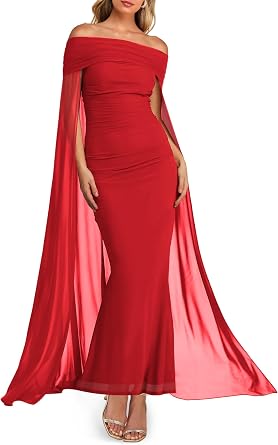 Lrady Wedding Guest Dresses for Women Sexy Off The Shoulder Elegant Formal Cocktail Maxi Dress with Cape