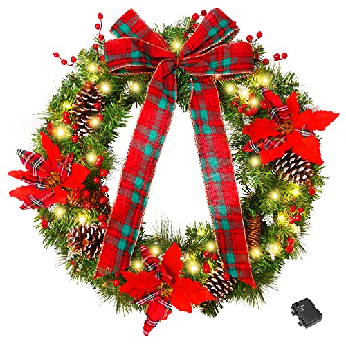 Vlorart 24” Poinsettia Christmas Wreaths For Front Door Large Christmas Wreath With Lights Red Bow Christmas Flowers Pine Cones Red Berries With Timer Christmas Wreath For Home Xmas Decoration #TOP8