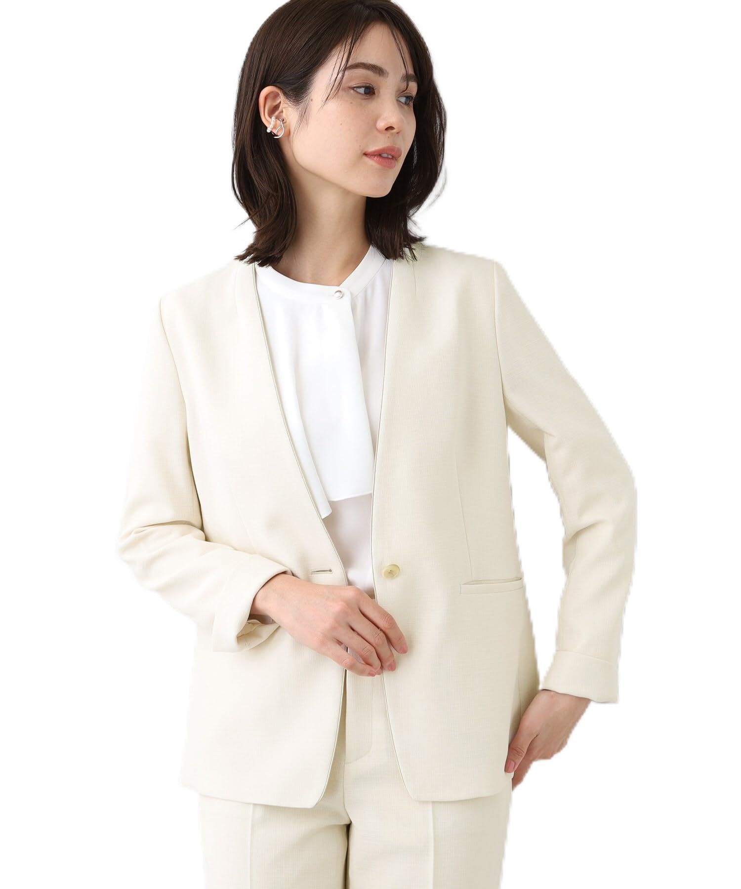インディヴィ【大きいサイズ】ストレッチノーカラージャケット【13号】ベージュ 春 インディヴィ【大きいサイズ】ストレッチノーカラージャケット
