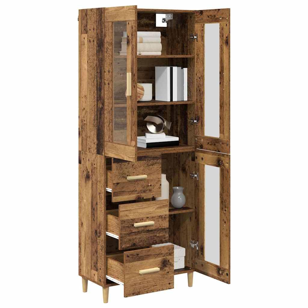 Buffet haut en bois vieilli, 69,5 x 34 x 180 cm, buffet avec tiroir et porte, étagère de rangement pour salon, salle à manger, bureau, design rustique moderne et étroit