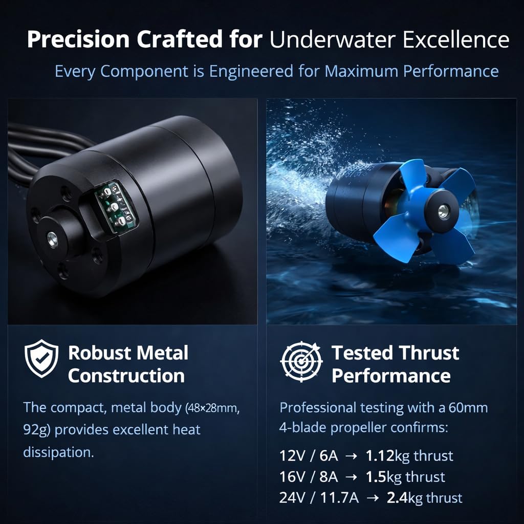 RC Brushless Motor, High-Performance Underwater Thruster Motor, Metal Housing, 350KV for Model Planes, Underwater Devices, and RC Projects