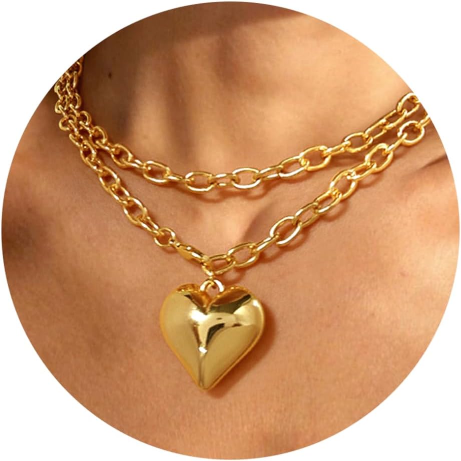 WOWORAMA Gold Chunky Chain Necklace for Women Puffy Heart Pendant Necklace White Gold Thick Chunky Chain Link Necklaces Heart Coin Choker Necklace