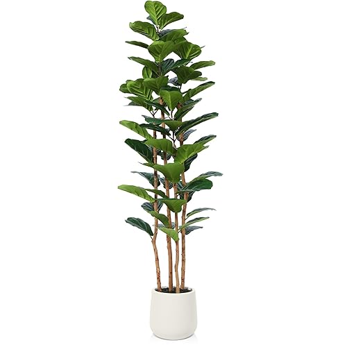 OAKRED Artificial Fiddle Leaf Fig Tree with White Planter, 6ft Tall Fake Tree with Natural Wood Trunk for Home Decor, Faux Ficus Tree Fake Moss for Indoor Office Living Room - 1 - 6ft