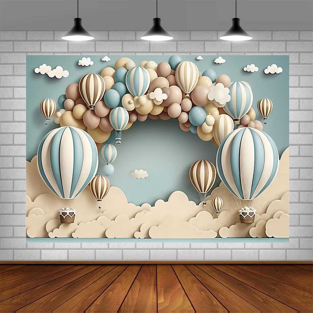 AIBIIN Balon na gorące powietrze tło fotograficzne niebieskie niebo chmury sesja zdjęciowa tło noworodka baby shower ciasto rozbić dekoracja studio rekwizyty 3 x 2 m