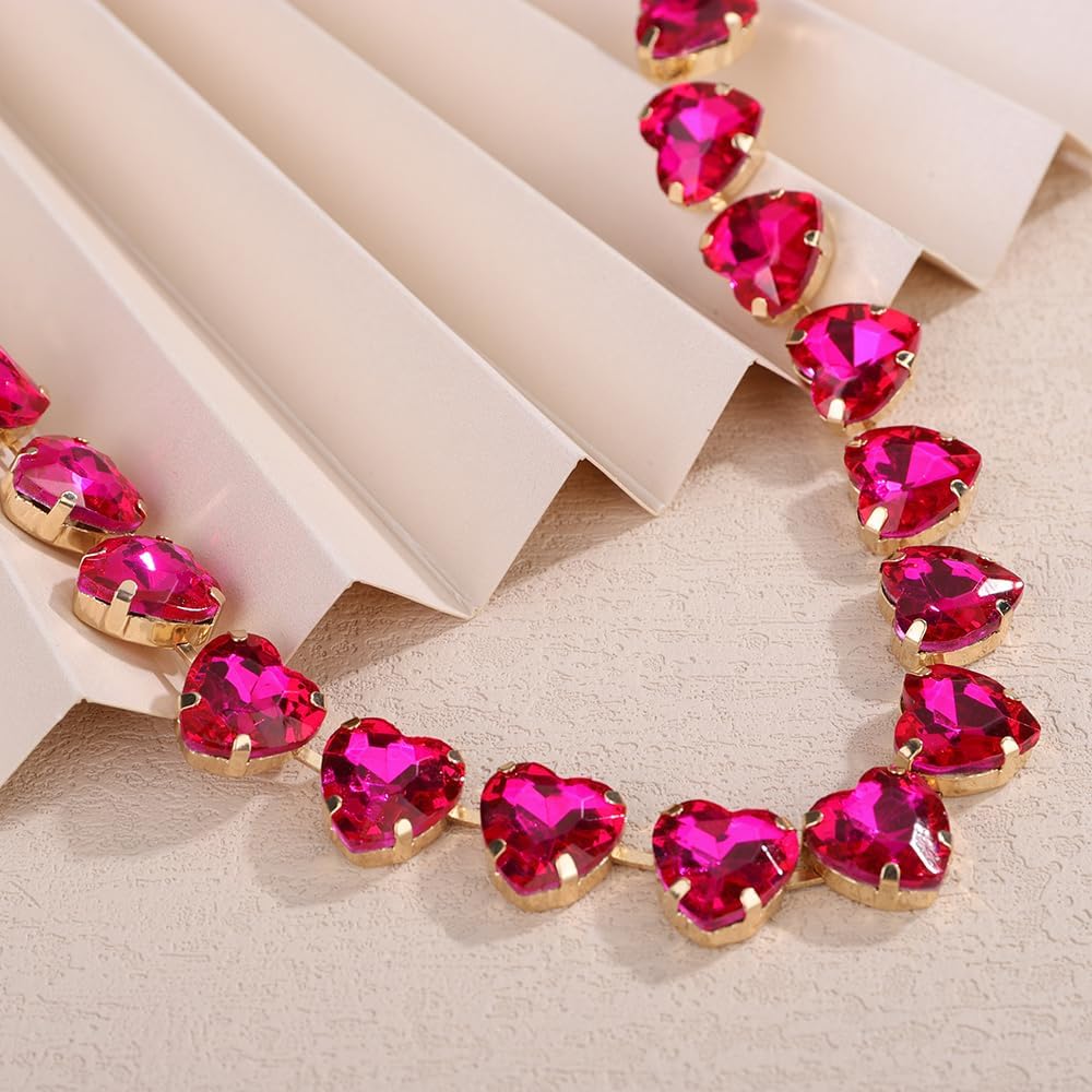 Rose Red Heart Crystal Collar Choker Crystal Rhinestone Choker Necklace Bohemian Heart Crystal Necklace Sparkly Rhinestone Crystal Choker Necklace for Wedding Party for Women