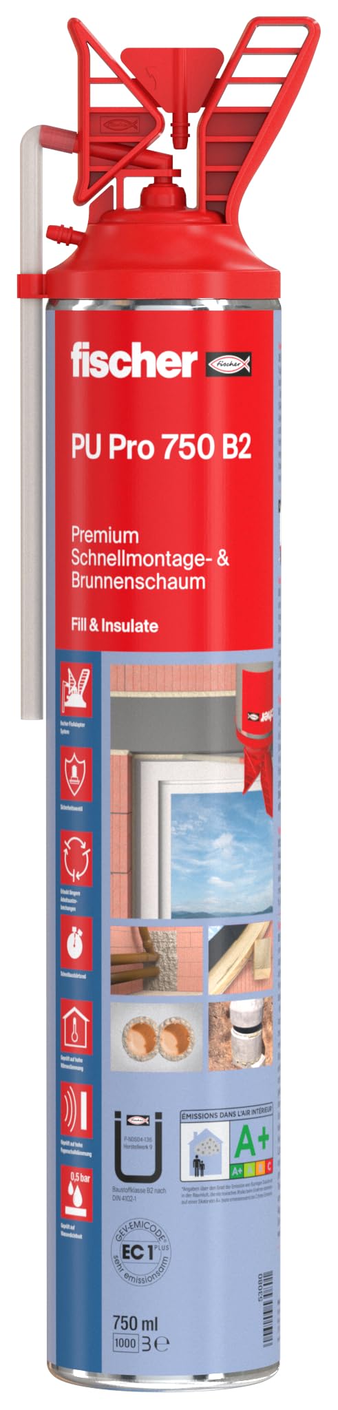fischer Premium Schnellmontage- und Brunnenschaum PU Pro 750 B2, Bauschaum zum Verkleben, Abdichten und Füllen, PU-Schaum inkl. Fix-Adapter für sofortigen Einsatz und Wiederverwendung, 750 ml, beige
