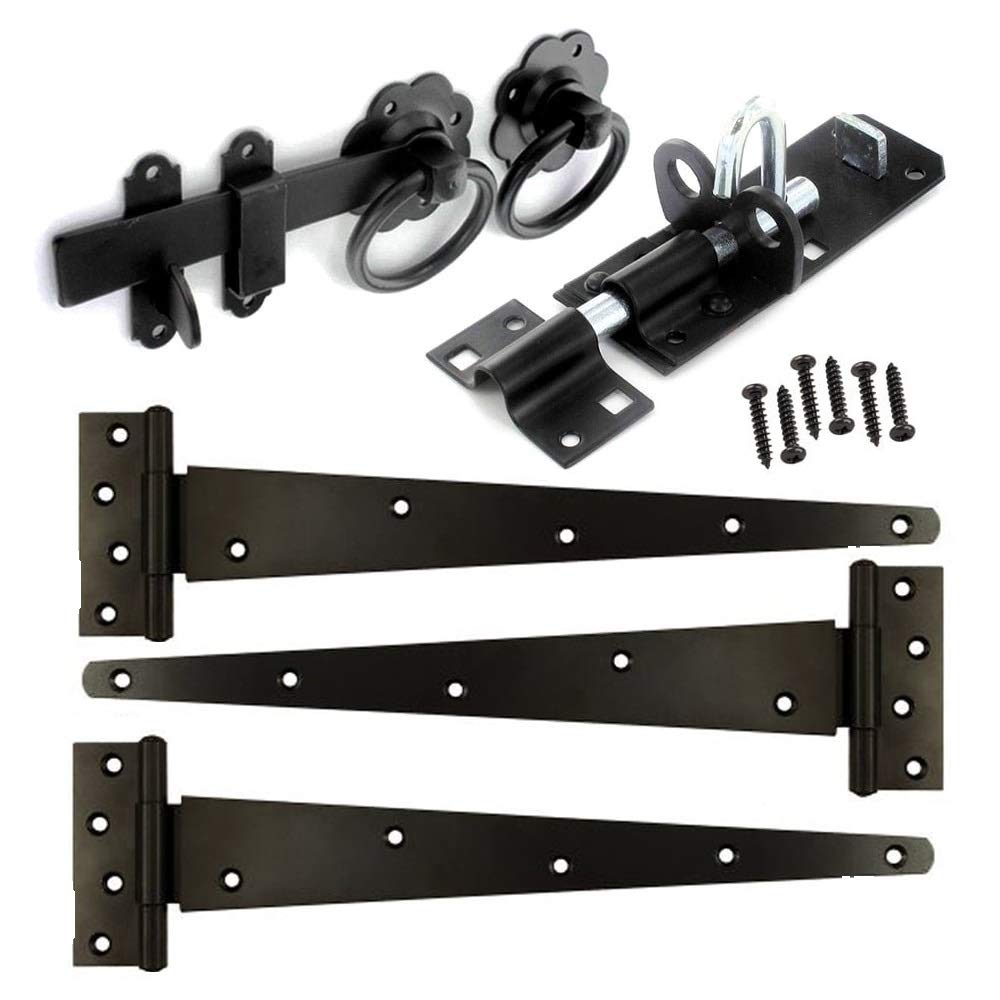 Merriway BH07428 Black, Heavy Duty Wooden Gate Fitting, 3 x 18 inch Tee Hinges, Brenton Style Padbolt, Ring Latch & Fittings