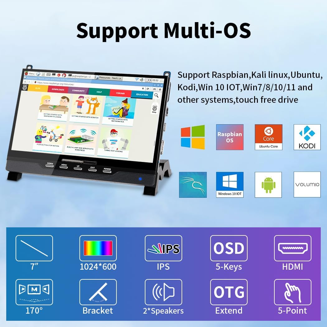 7 Inch HDMI Touchscreen Display Compatible with Raspberry Pi 5,1024x600 Pixel IPS,Sunlight Readable,Built-in Speakers，Driver-Free
