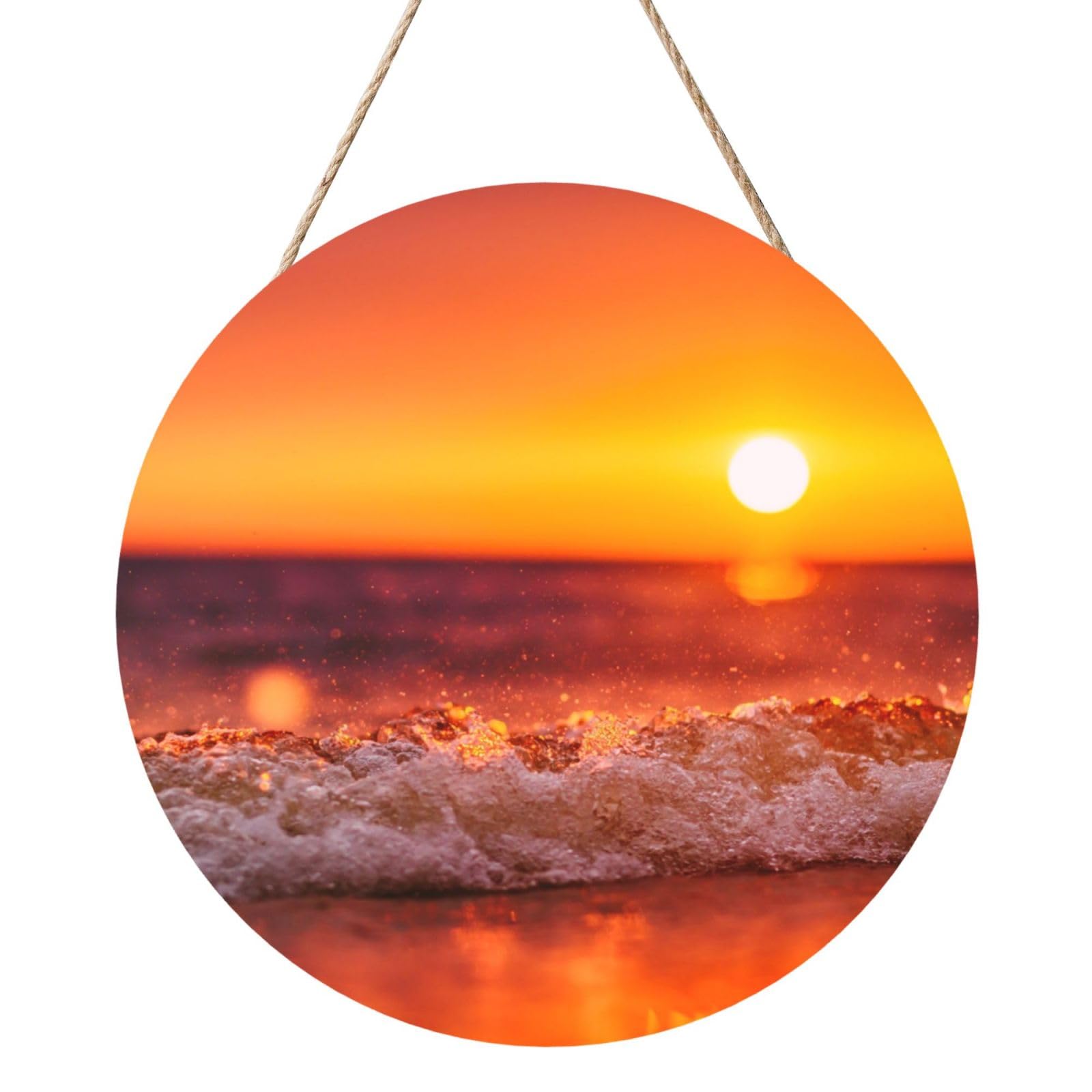 InOmak Sunset With Sea Waves Printed, Round Wood Panel Painting 12 in, Wall Hanging Painting For Home