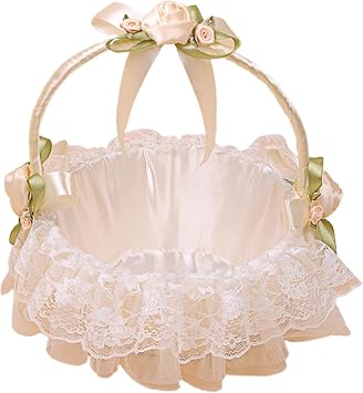Flower Girl Basket with Lace Bow, Beige Wedding Petal Basket for Ceremony and Party