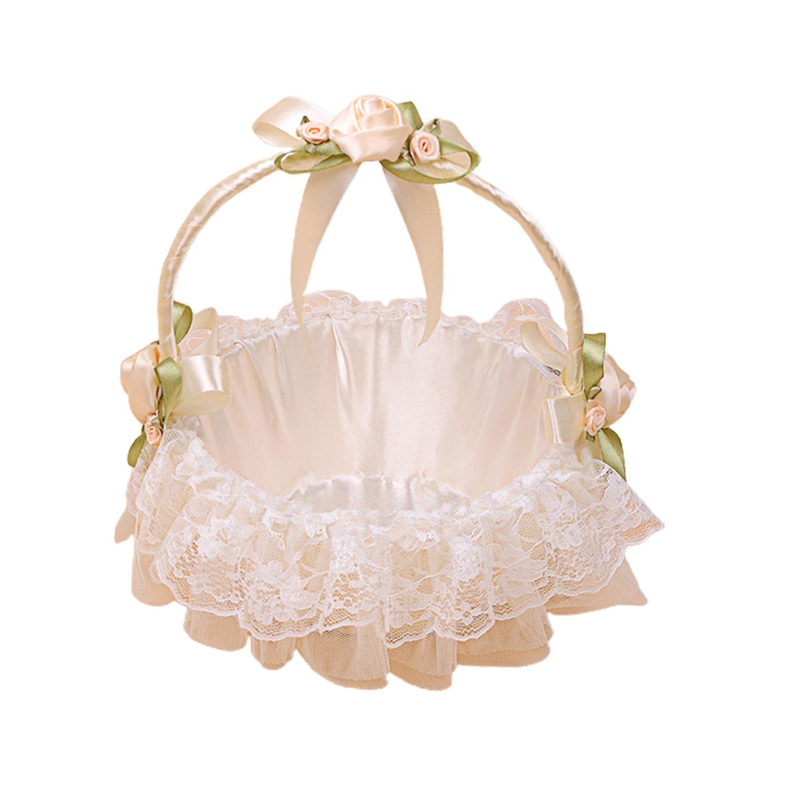 BNF® Lace Bow Flower Girl Baskets Satin Ribbons Basket for Events Ornaments Bride Beige-Home & Garden - Wedding Supplies - Ring Pillows & Flower Baskets-picture-10