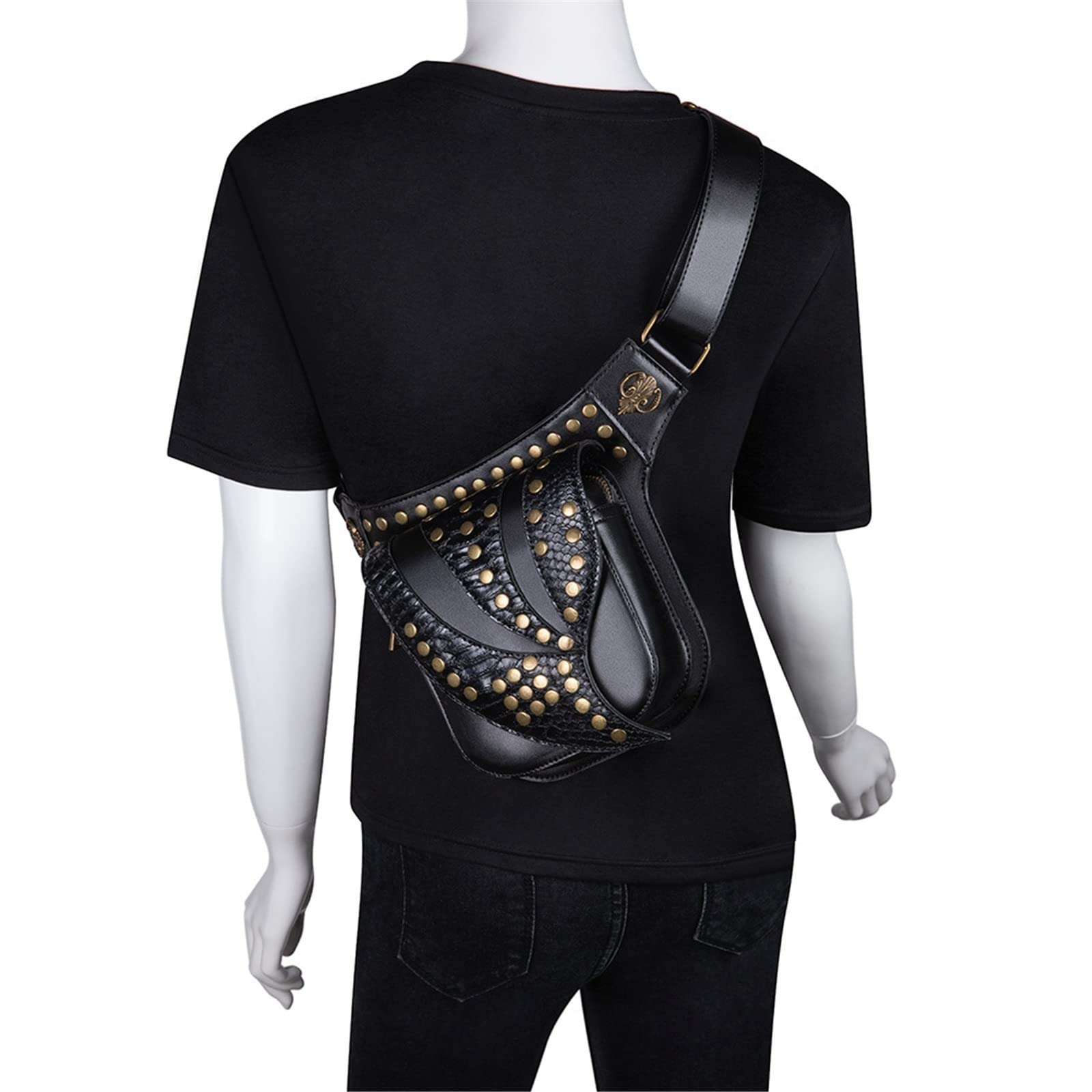 Steampunk nerka damska torba na klatkę piersiową z nitami punkowymi podwodnymi w stylu vintage, Czarny, As shown