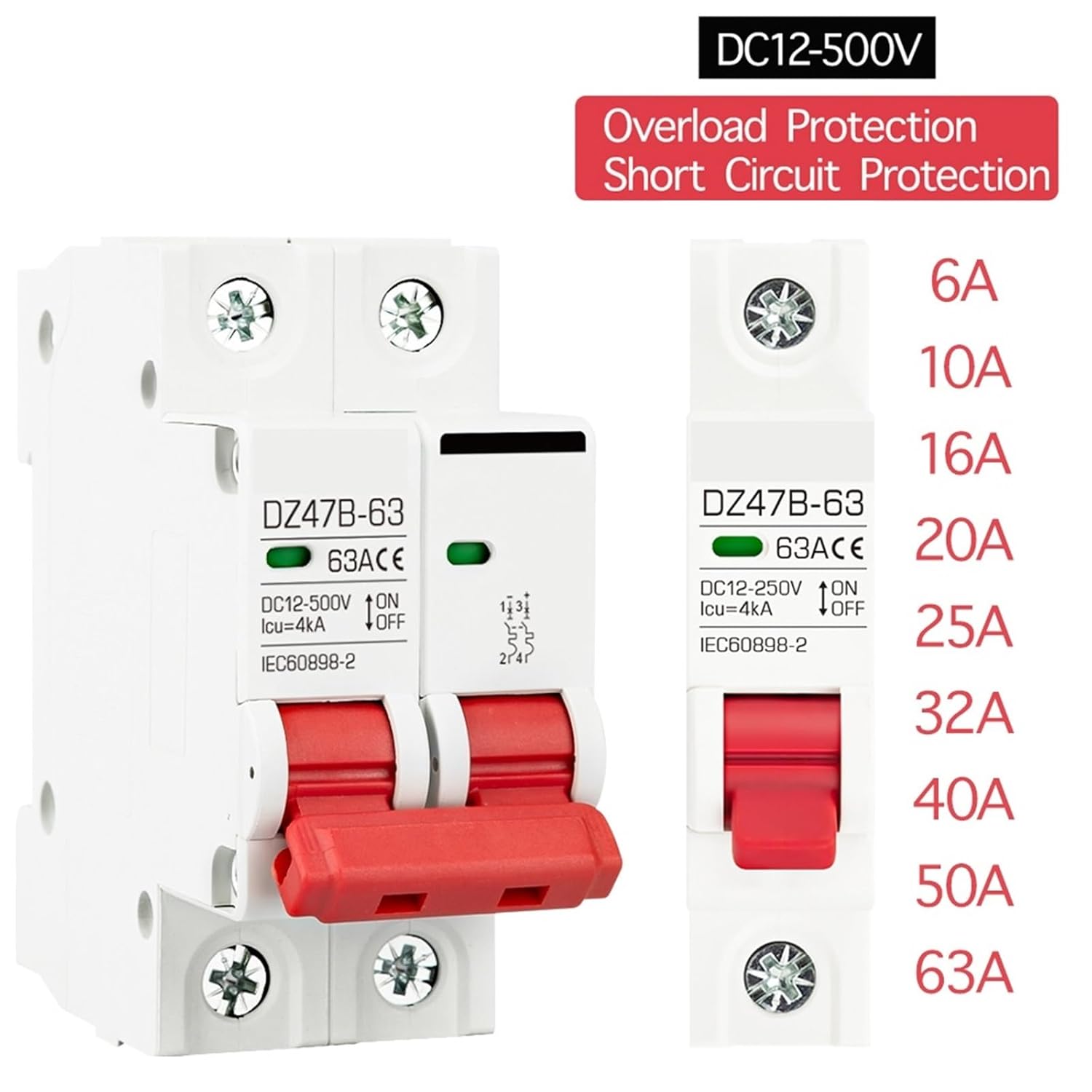 DC12V 24V 48V 36V MCB Battery Car Protector Circuit Breaker DZ47 DC Positive and Negative Pole Protection Switch Isolator(1P,25A)
