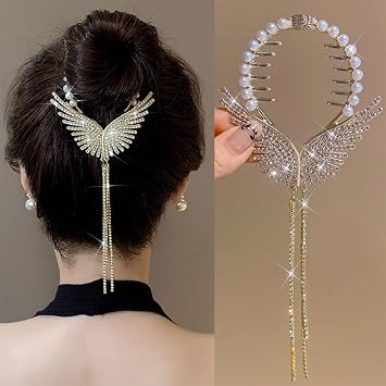 2 Pcs Angel Butterfly Rhinestone Hair Clips Elegant Metal Tassel Claw Clips Ponytail Buckle Hair Clip for Girls Women