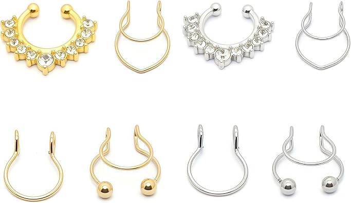 8 Pcs Fake Nose Rings For Women,Stainless Steel Septum Piercing Nose Rings Non Pierced Clip On Faux,Gold and Silver Nose Cuff