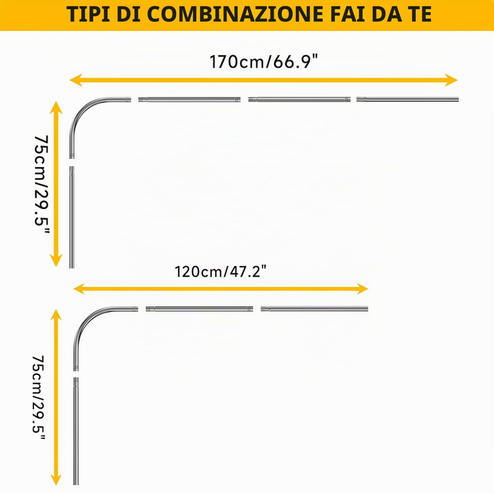 Asta per Tenda Doccia L Forma, Regolabile Bastone Tenda Doccia Angolare in Acciaio Inox, 75x170 cm Tubo Tenda Doccia con Inox Anelli, per Vasca da Bagno Bagno Spogliatoio Armadio, Forata