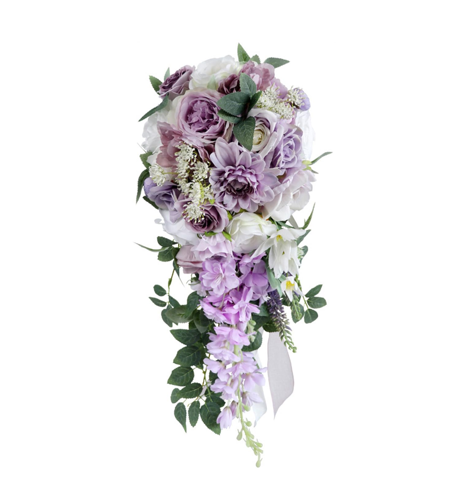 Entapuk Purple Wedding Bouquet For Bridal, Teardrop Bridal Bouquet Cascading Artificial Rose Bouquet For Bride Holding Wedding Centerpiece Decor White And 9.1X21.6 Inch