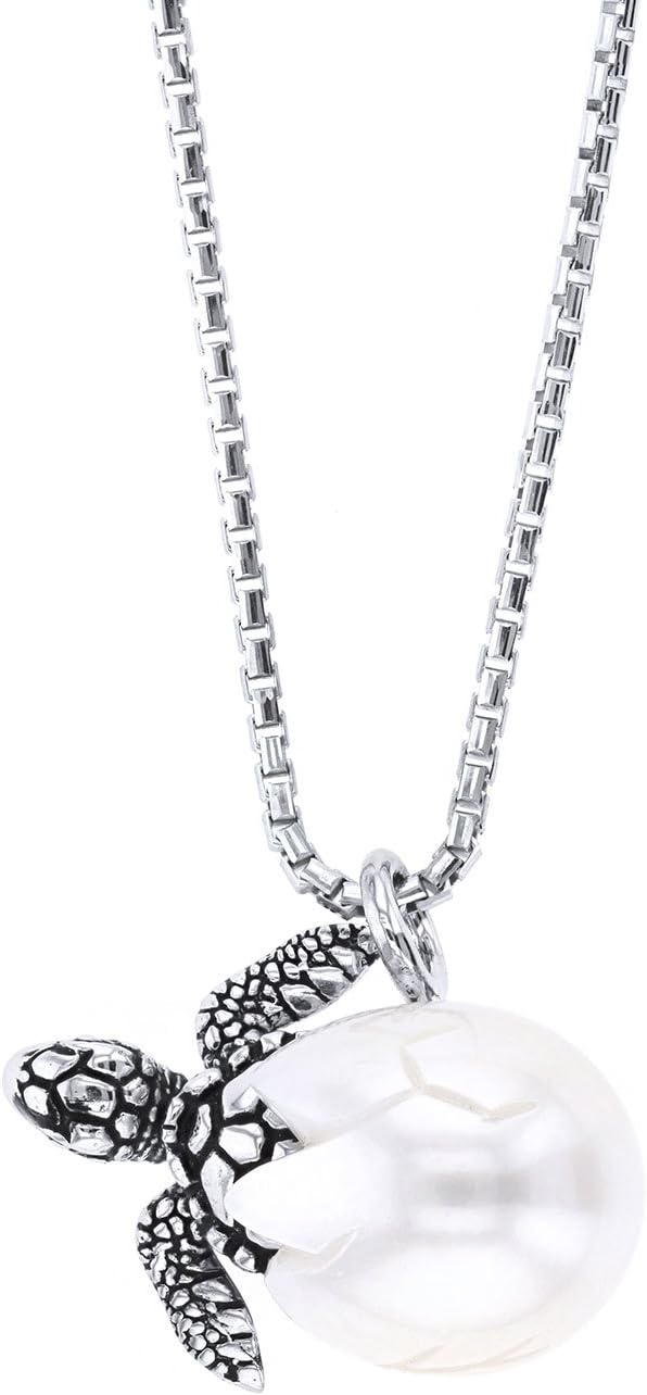 Galatea Sterling Silver Hand-Carved Freshwater Cultured White Pearl Turtle Pendant Necklace, 18"