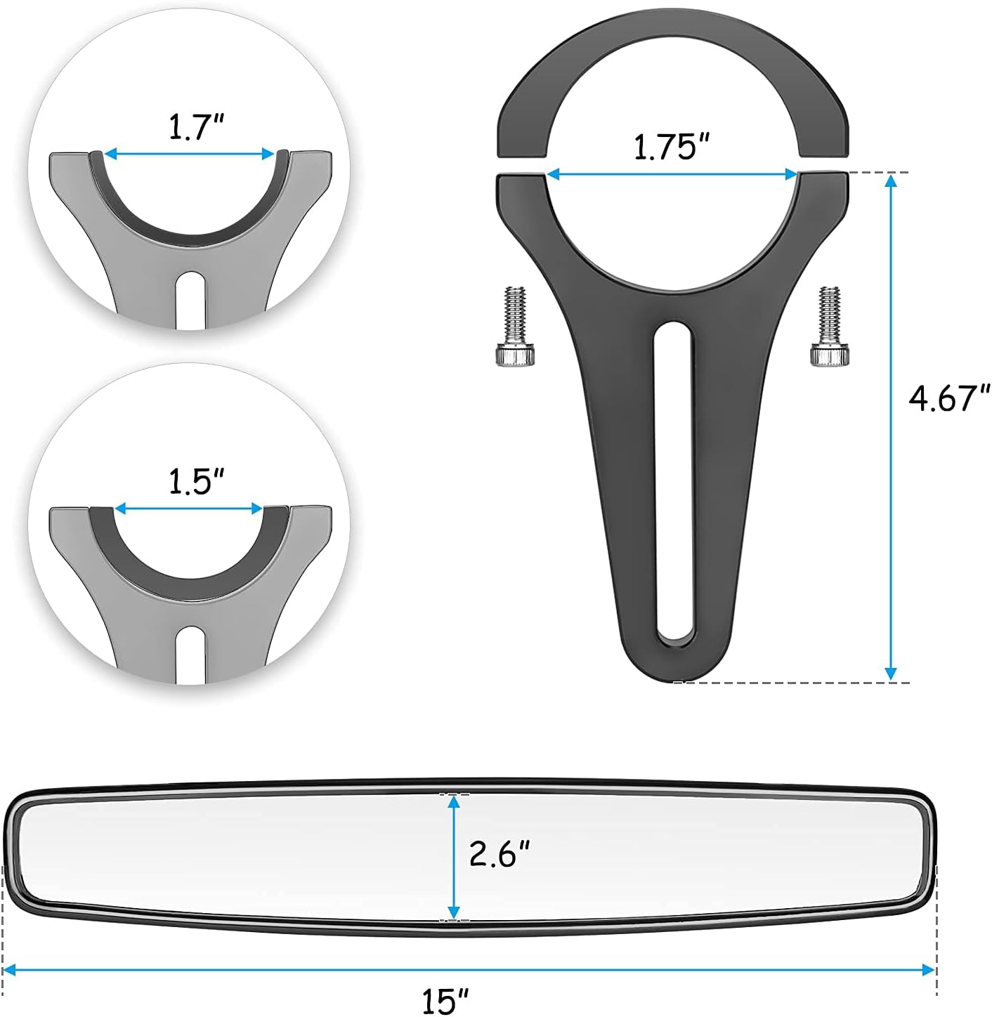 Dasen Wide Rear View Mirror-15" Rear View Convex Mirror w/1.75" Adjustable Clamp Kit 1.5 Inch Rubber Gasket Roll Round Bar Off-Road Fit Polaris Ranger RZR XP Maverick MAX ATV UTV
