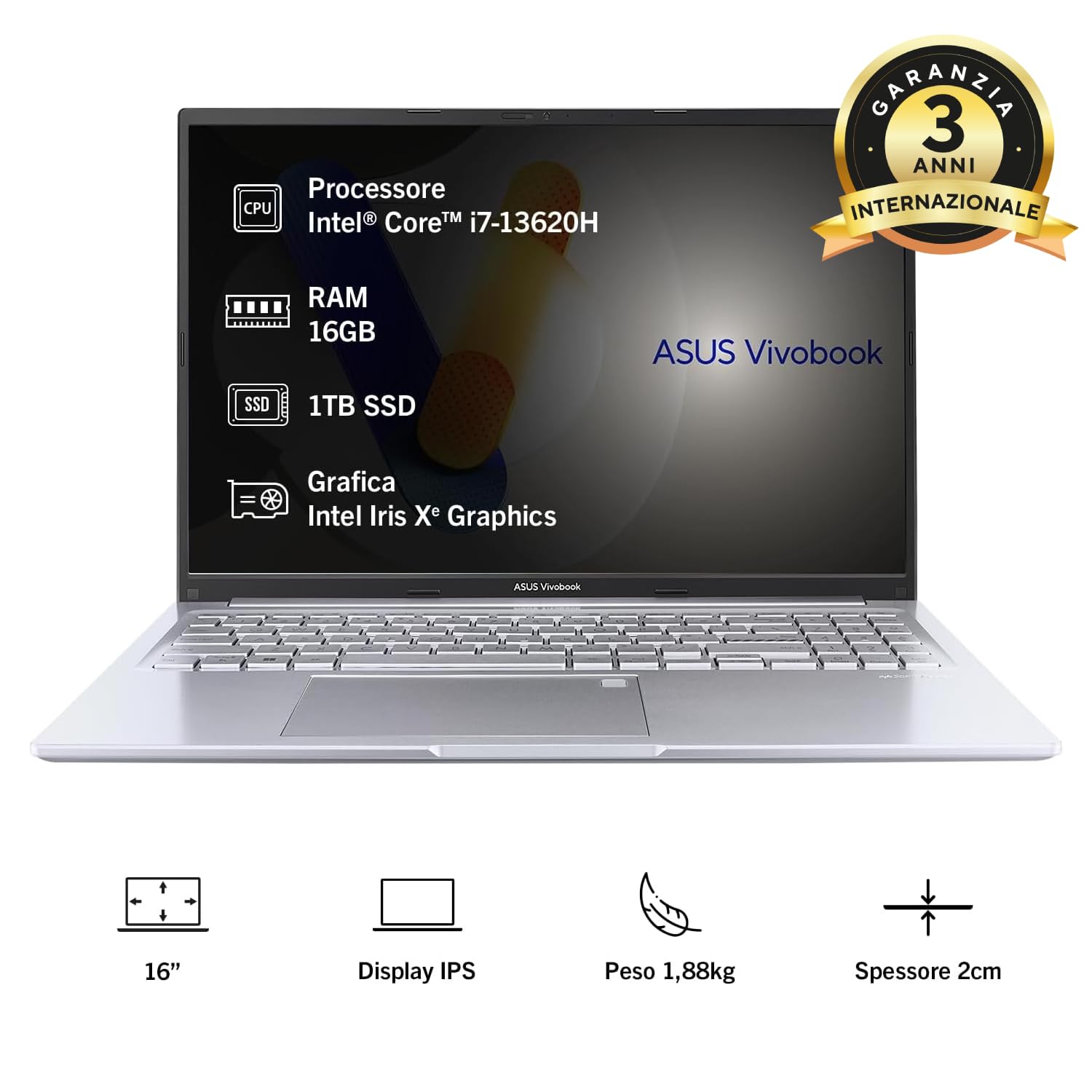 ASUS Vivobook 16 X1605VA#B0DXQDVR6Q, Notebook con Monitor da 16" Anti-glare, 60Hz, Intel® Core™ i7-13620H, RAM 16GB, 1TB SSD, Win 11Home, Argento