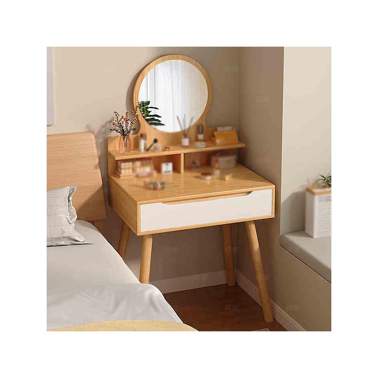 asdchZen Stylish Oak Makeup Vanity Table With Large Mirror Wooden Dressing Table For Bedroom Modern Cosmetic Desk With Storage