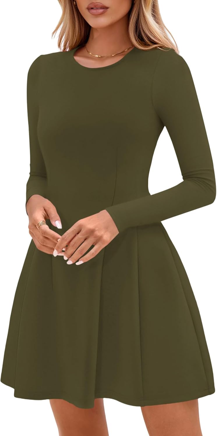 PRETTYGARDEN Long Sleeve Mini Dress for Women 2026 Spring Crewneck Knit Pleated Babydoll A Line Casual Short Party Dresses - Image 7