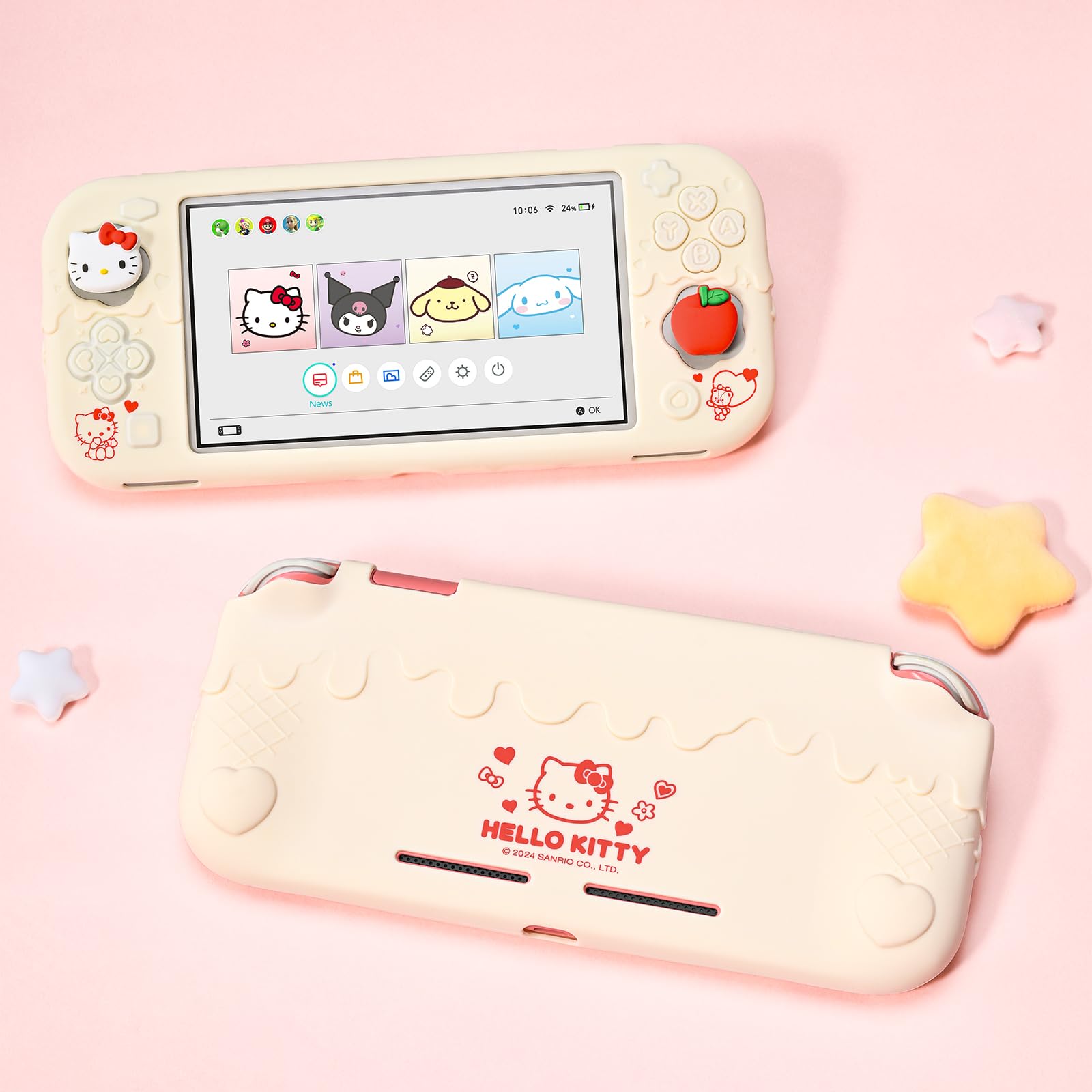 Kuitmor Switch Lite Protective Case,Soft Silicone Protective Shell,Anti-Scratch Protective Cover Case for Switch Lite with 2 Thumb Grip Caps（Beige Hello Kitty） | Soft Silicone, for Switch Lite, Off White - 5
