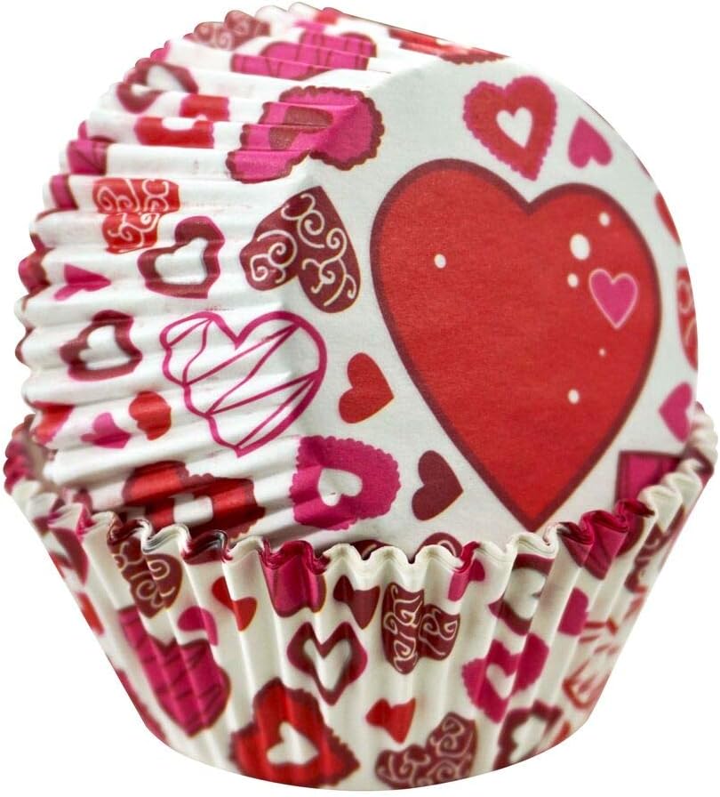 R&M Valentine Hearts Cupcake Liners, Standard Size - 50 Pack Baking Cups for Cupcakes, Muffins, Candy & Hot Chocolate Bombs